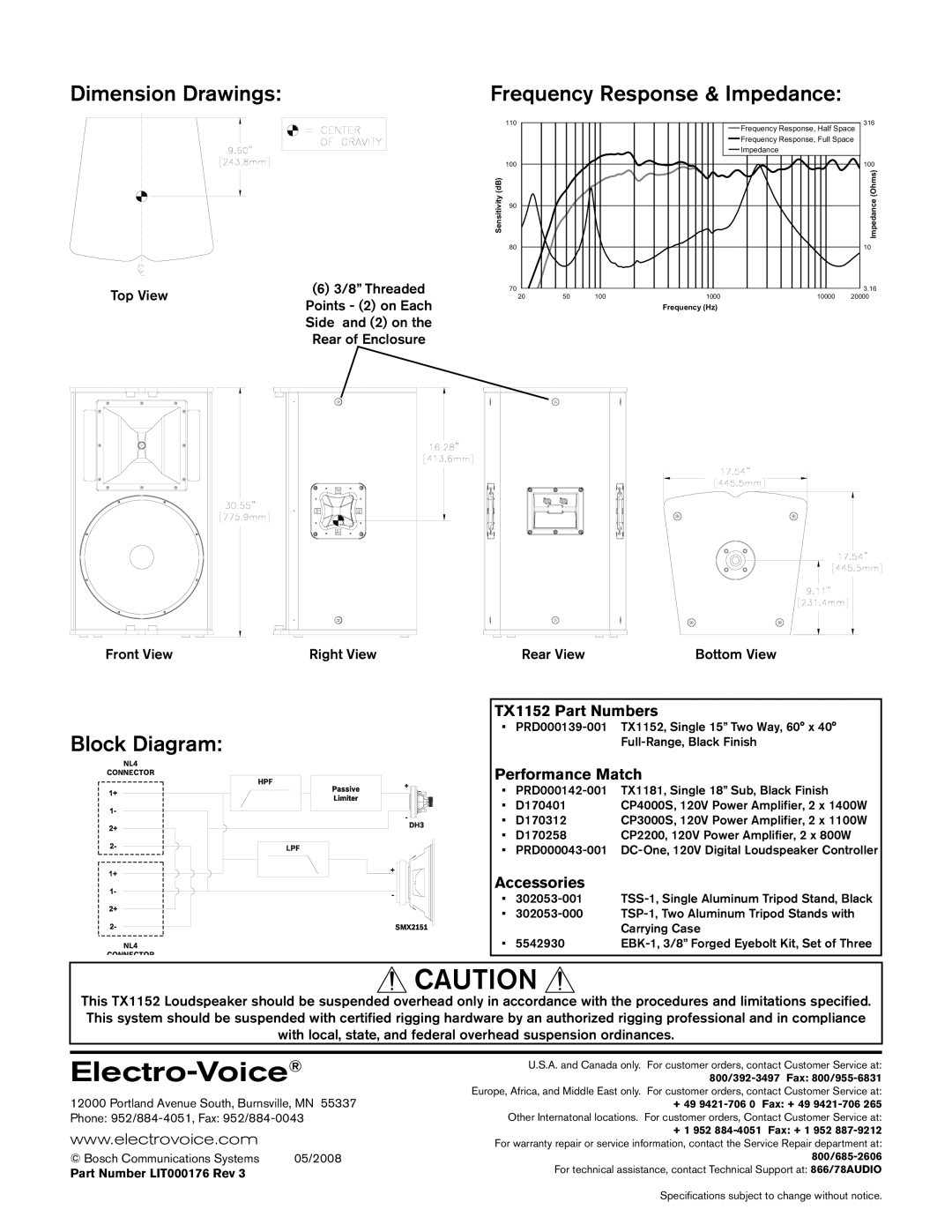 Electro-Voice TX1152 technical specifications Dimension Drawings, Frequency Response & Impedance, Block Diagram 