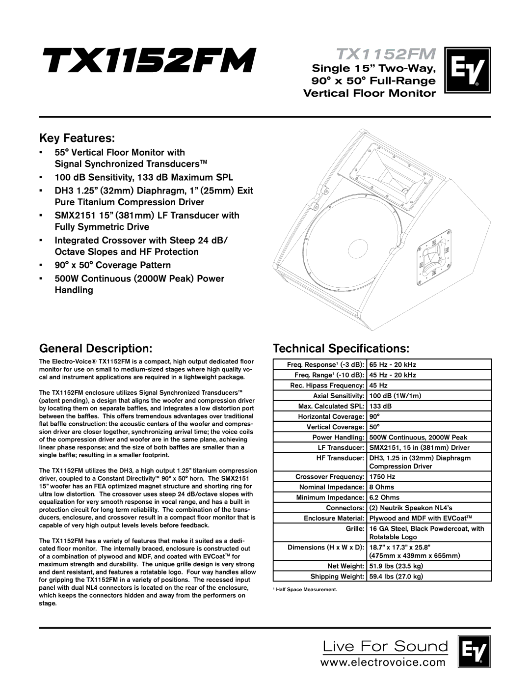 Electro-Voice TX1152FM technical specifications Key Features, General Description, Technical Specifications 