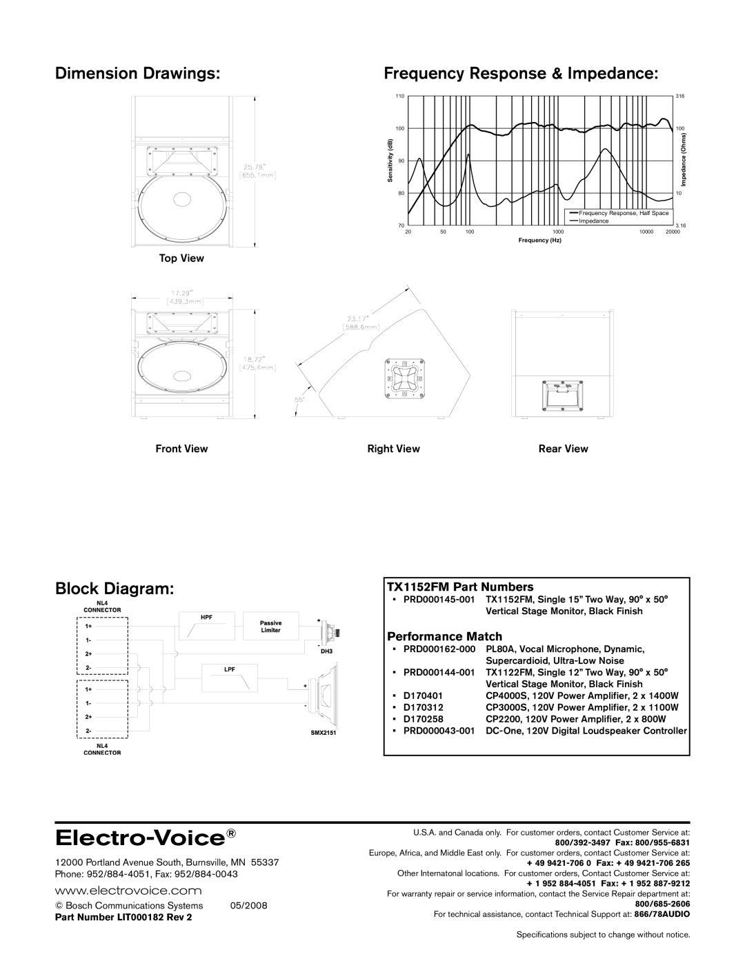 Electro-Voice TX1152FM technical specifications Dimension Drawings, Frequency Response & Impedance, Block Diagram 