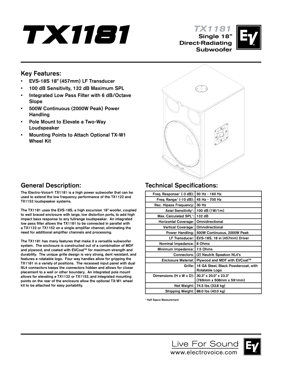 Electro-Voice TX1181 technical specifications Key Features, General Description, Technical Specifications 