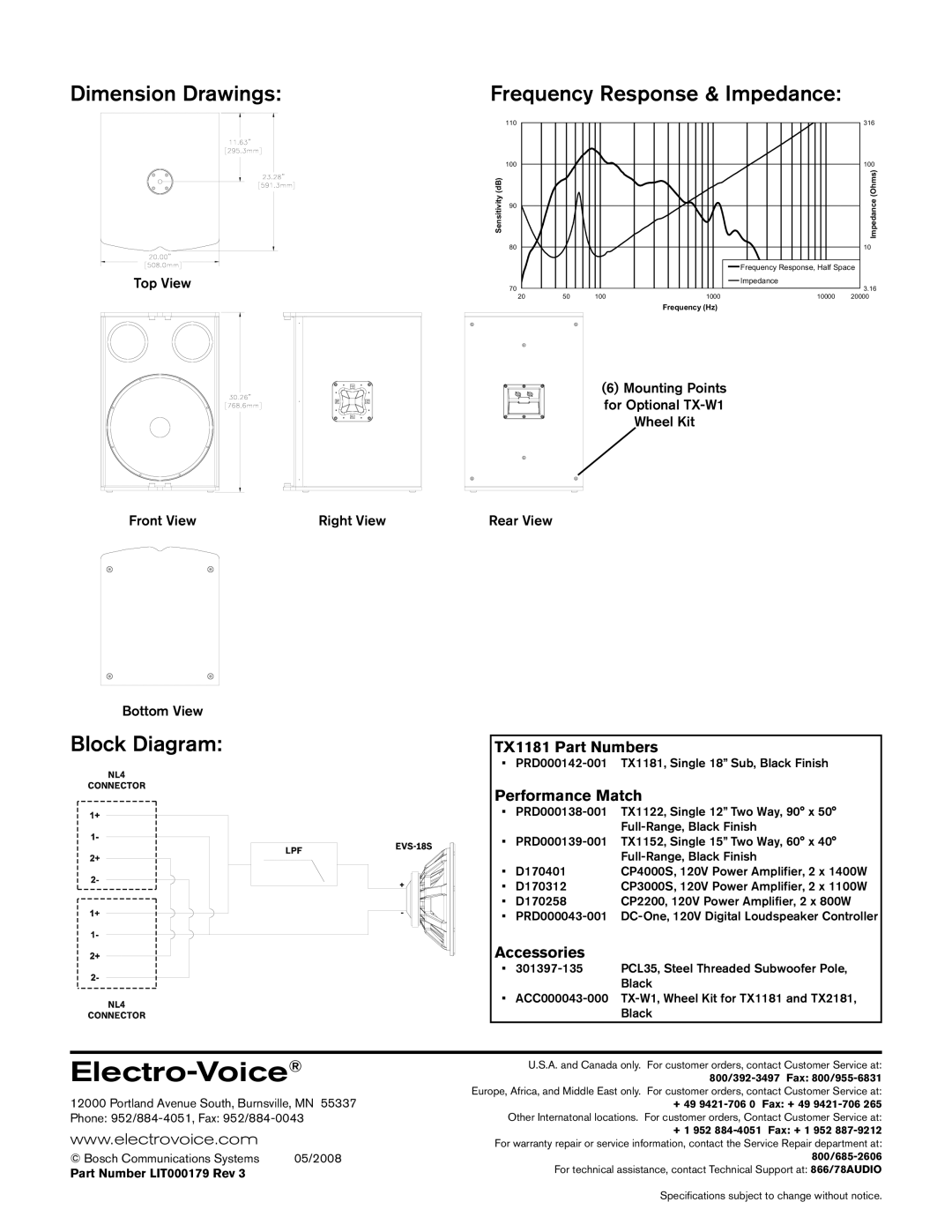 Electro-Voice TX1181 technical specifications Dimension Drawings, Frequency Response & Impedance, Block Diagram 