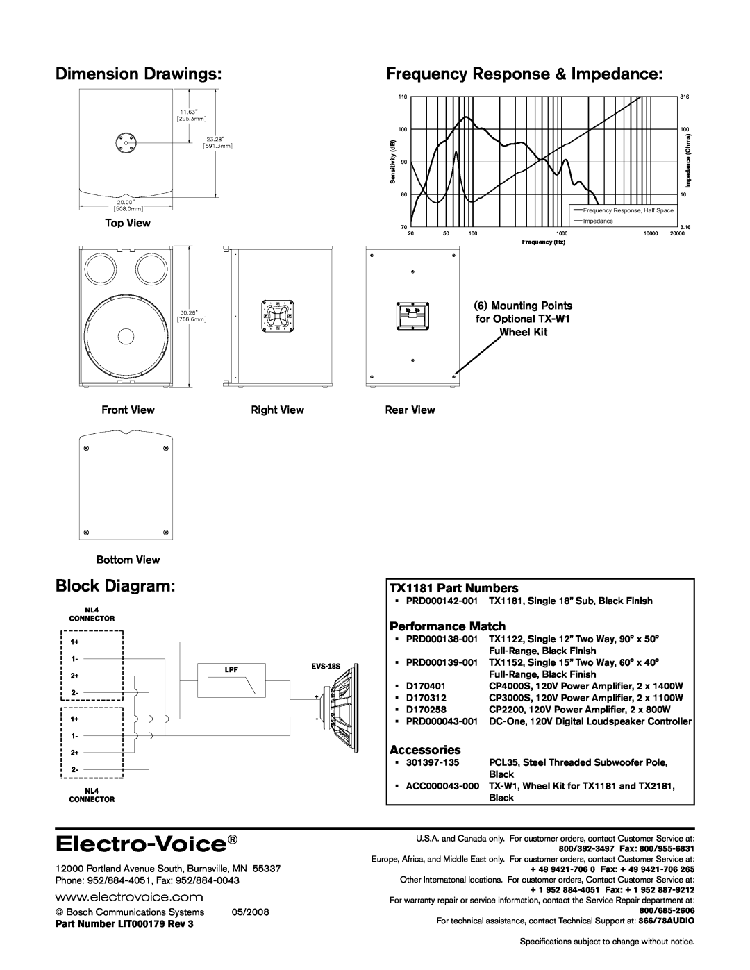 Electro-Voice Dimension Drawings, Frequency Response & Impedance, Block Diagram, Electro-Voice, TX1181 Part Numbers 