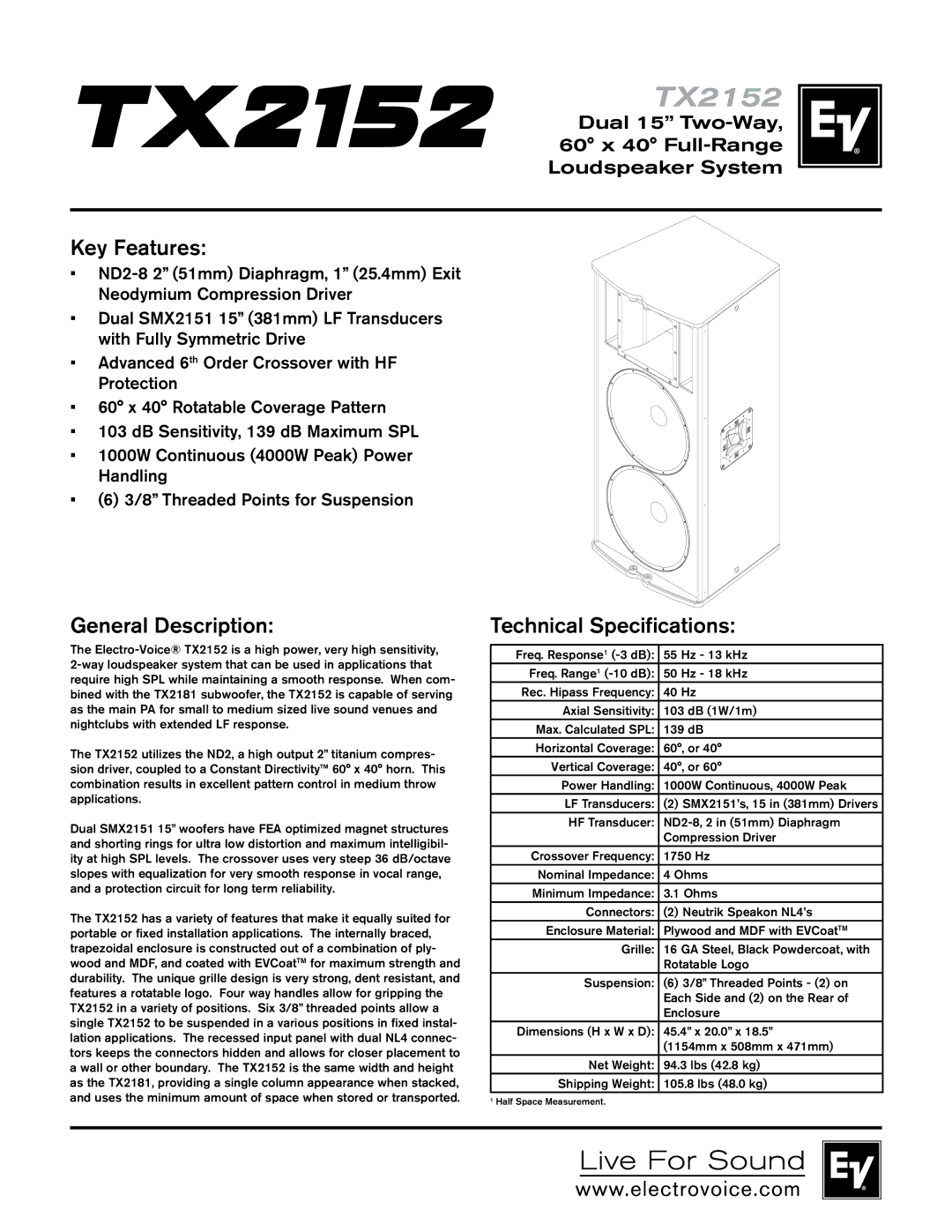 Electro-Voice TX2152 technical specifications Key Features, General Description, Technical Specifications 