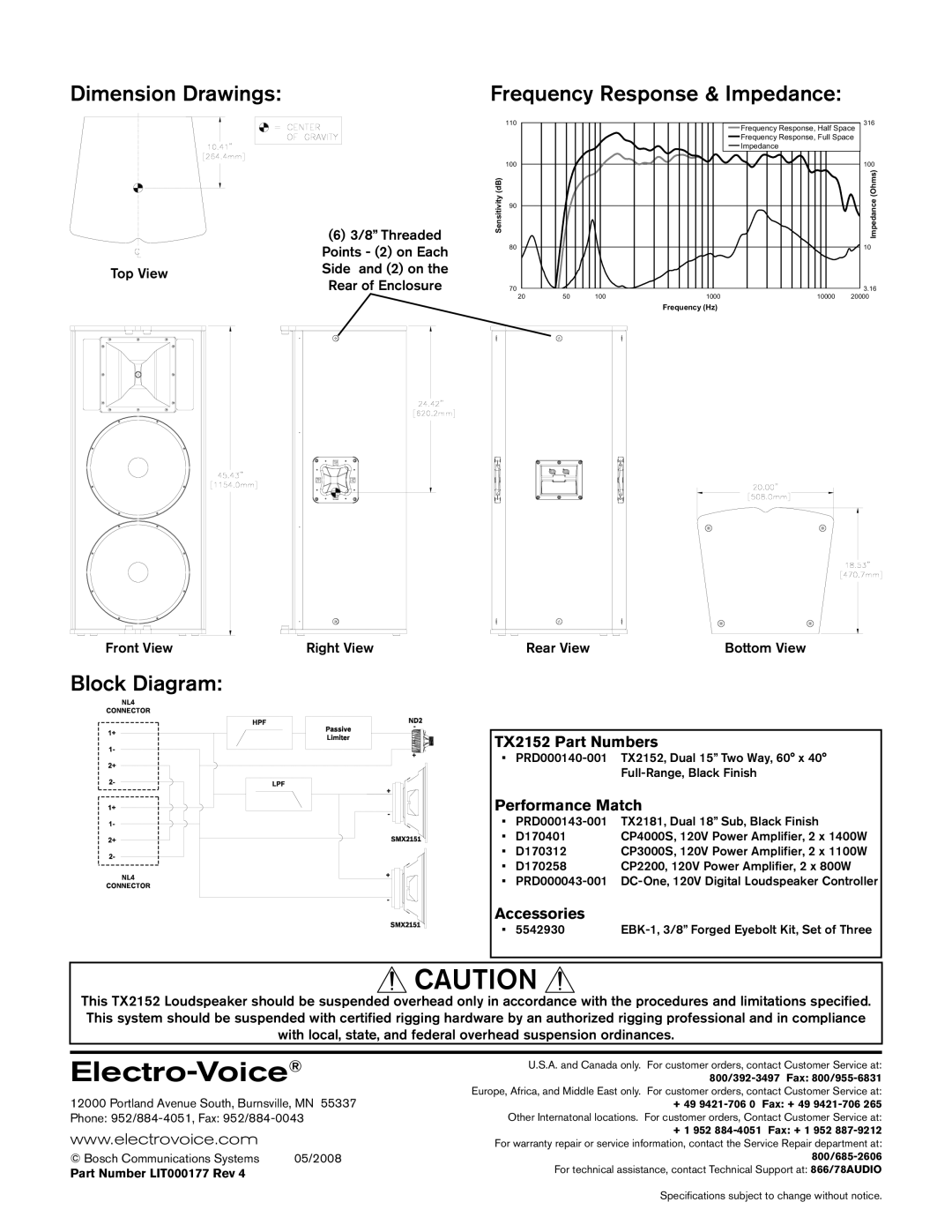 Electro-Voice TX2152 technical specifications Dimension Drawings, Frequency Response & Impedance, Block Diagram 