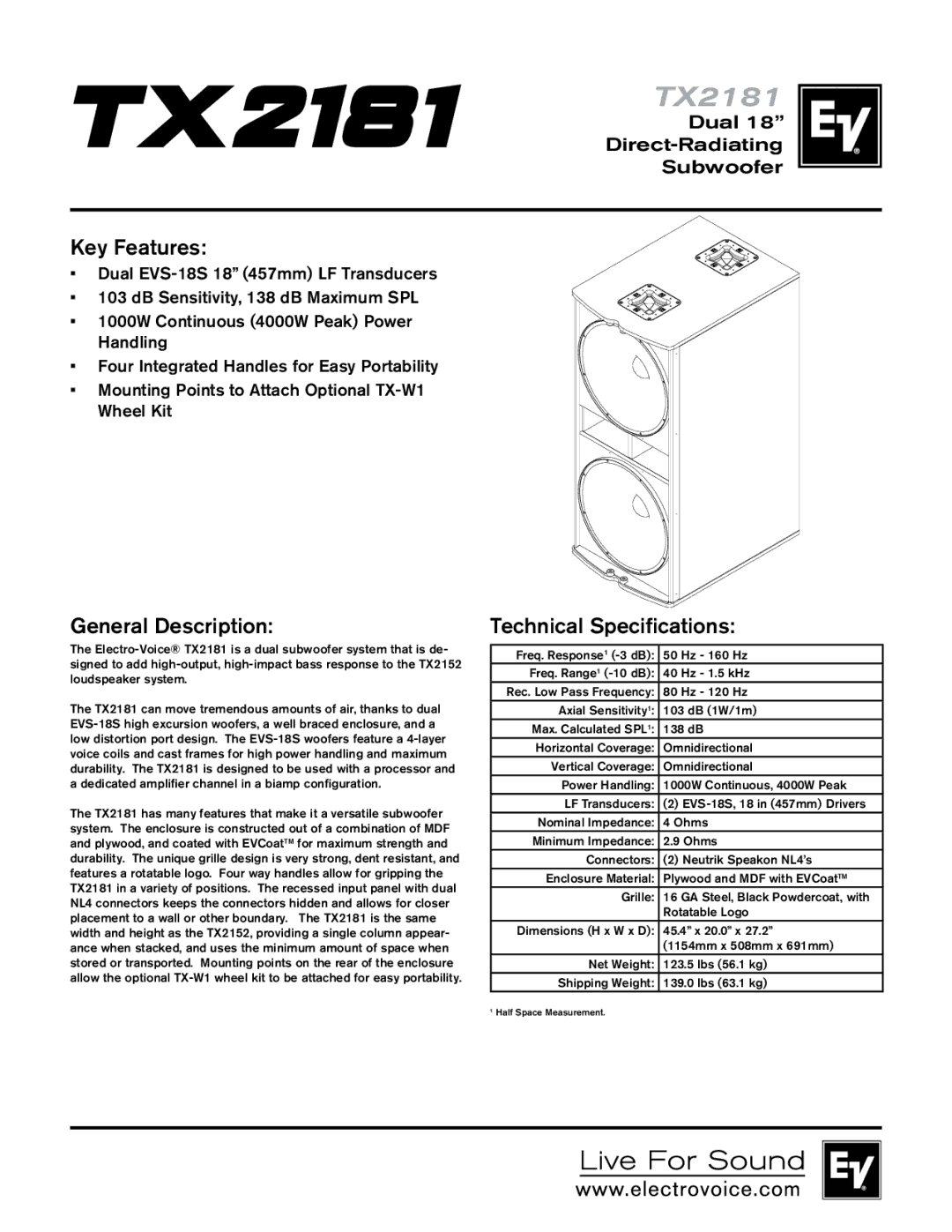 Electro-Voice TX2181 technical specifications Key Features, General Description, Technical Specifications 