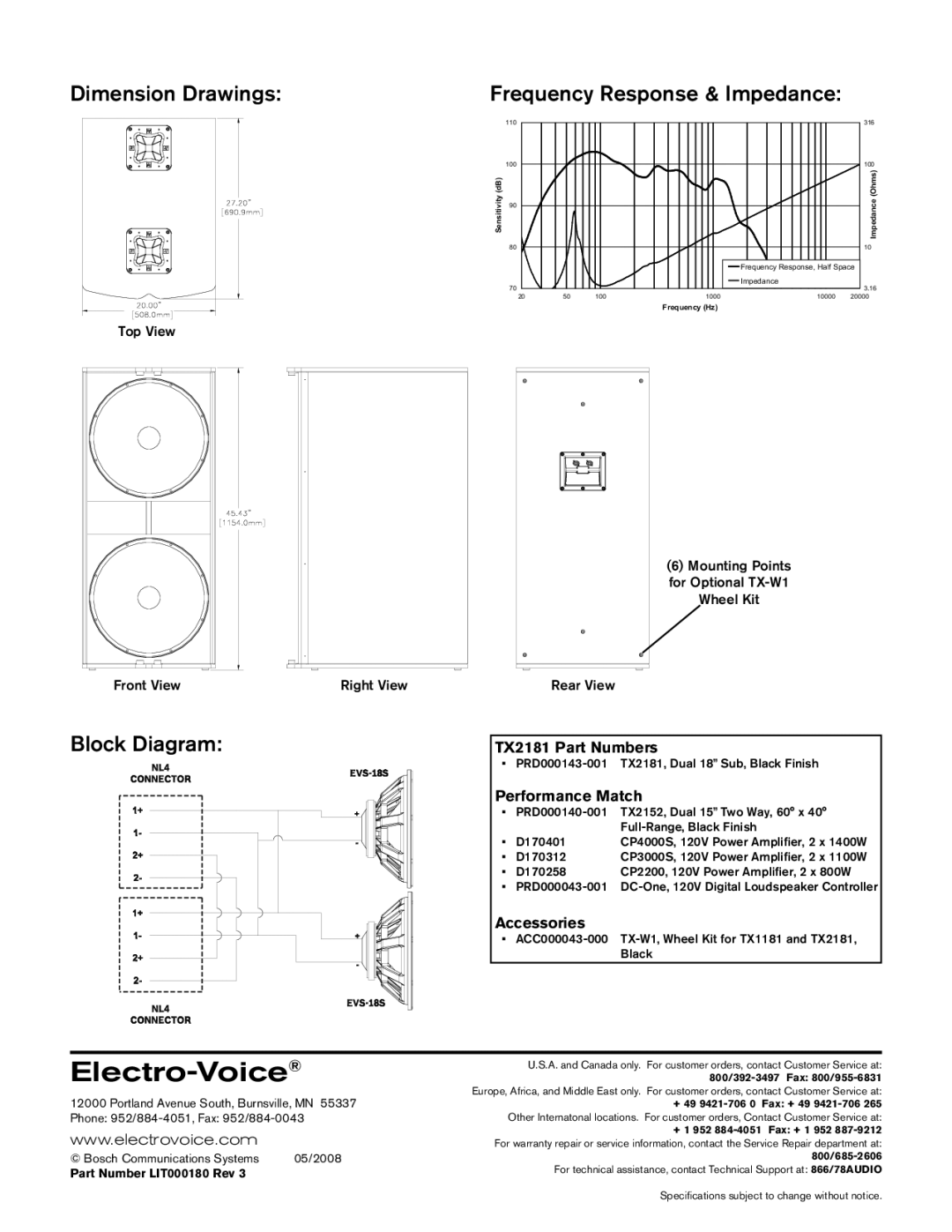 Electro-Voice TX2181 Electro-Voice, Dimension Drawings, Frequency Response & Impedance, Block Diagram 