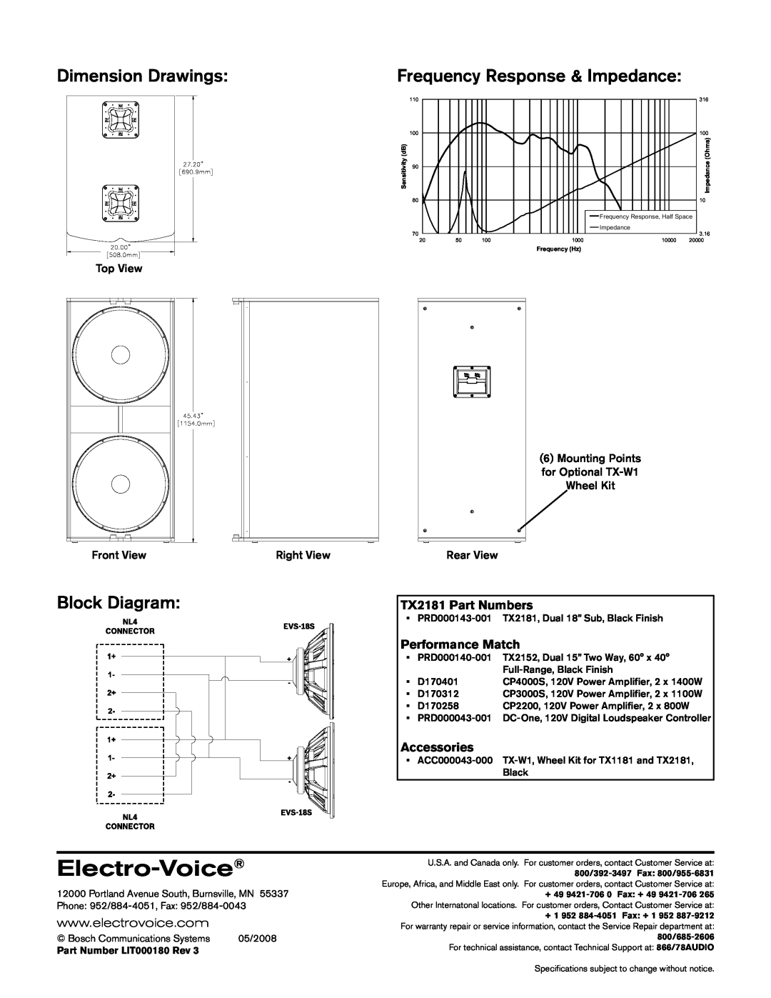 Electro-Voice Dimension Drawings, Frequency Response & Impedance, Block Diagram, Electro-Voice, TX2181 Part Numbers 