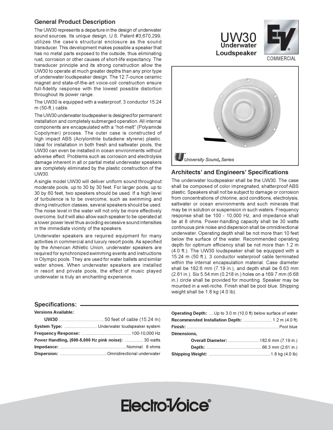 Electro-Voice UW30 dimensions Underwater Loudspeaker, General Product Description, Specifications 