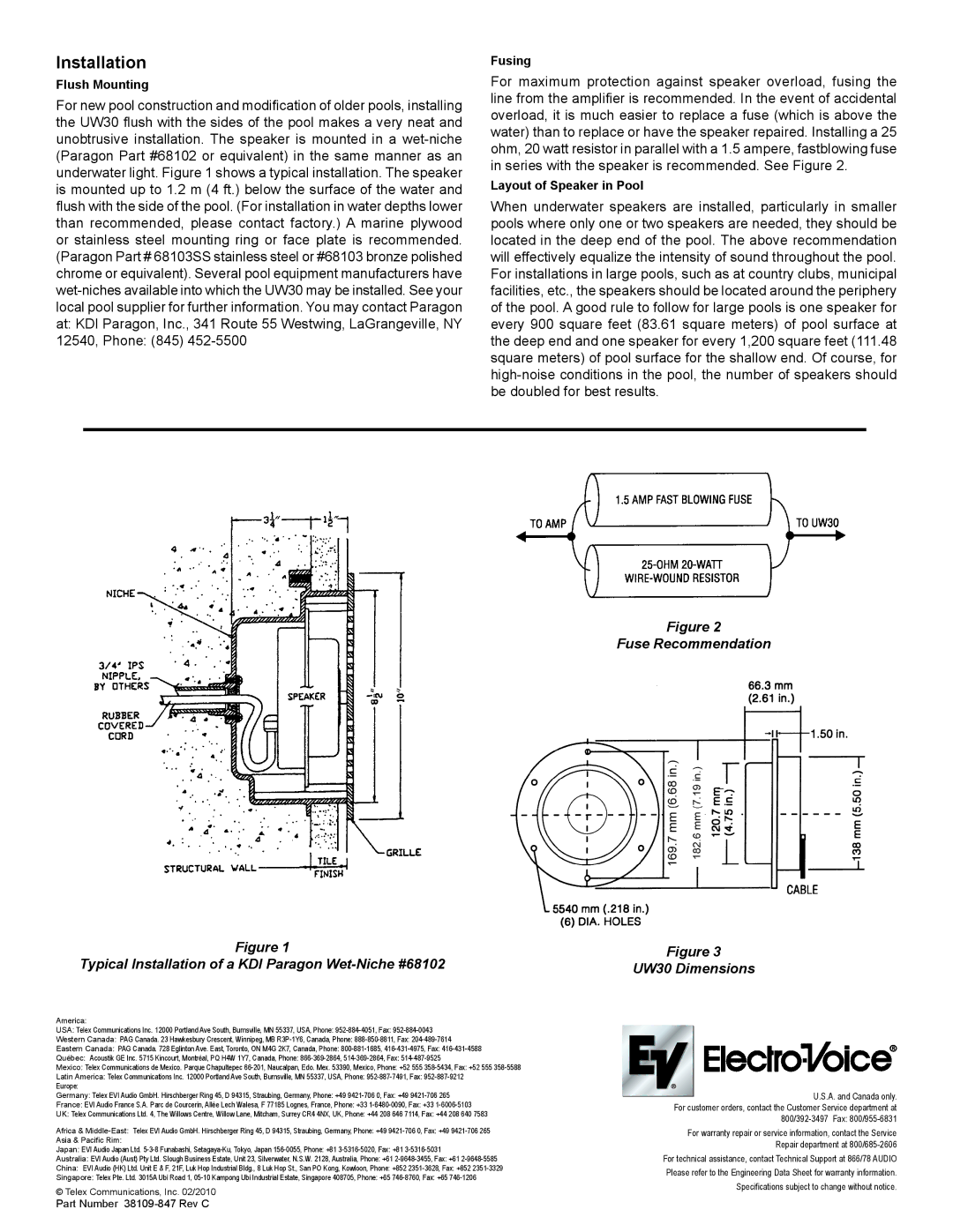 Electro-Voice dimensions Installation, UW30 Dimensions, Flush Mounting, Fusing, Layout of Speaker in Pool 