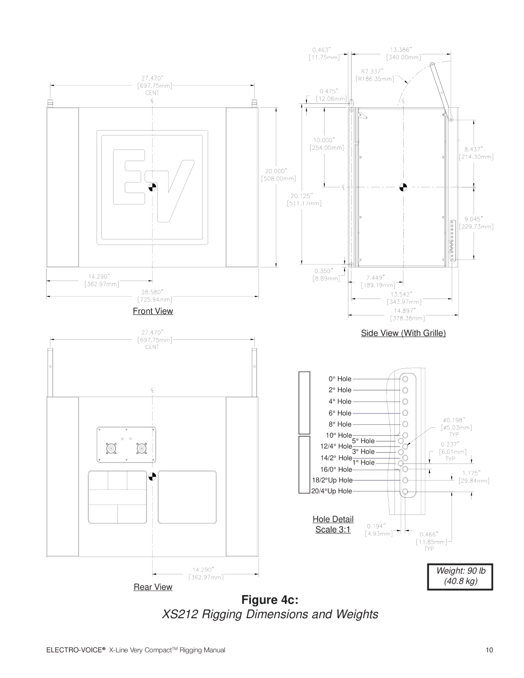 Electro-Voice X-Line Very Compact (XLVC) manual XS212 Rigging Dimensions and Weights, Front View 