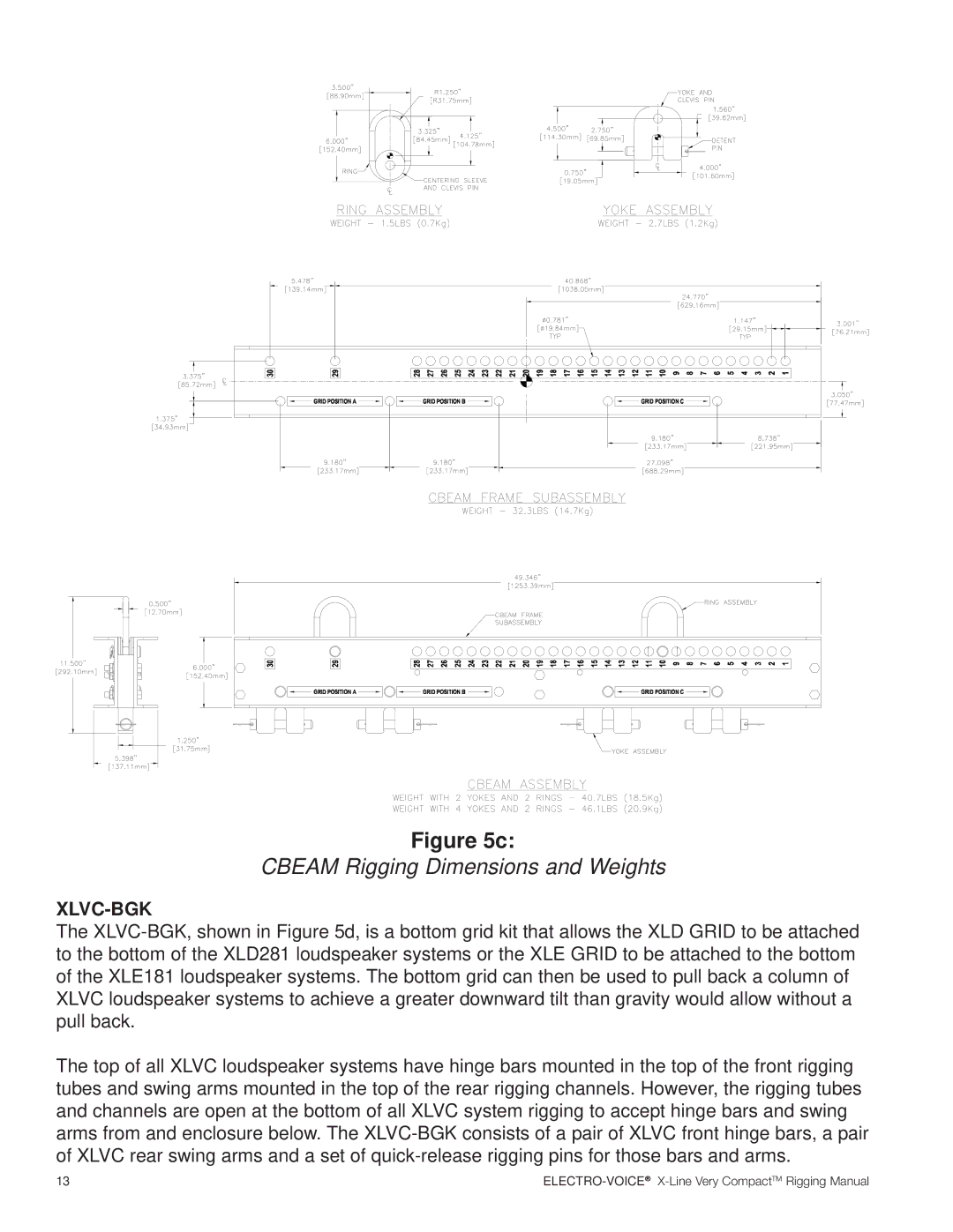 Electro-Voice X-Line Very Compact (XLVC) manual Cbeam Rigging Dimensions and Weights, Xlvc-Bgk 