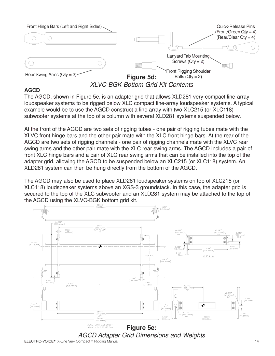 Electro-Voice X-Line Very Compact (XLVC) manual XLVC-BGK Bottom Grid Kit Contents, Agcd Adapter Grid Dimensions and Weights 