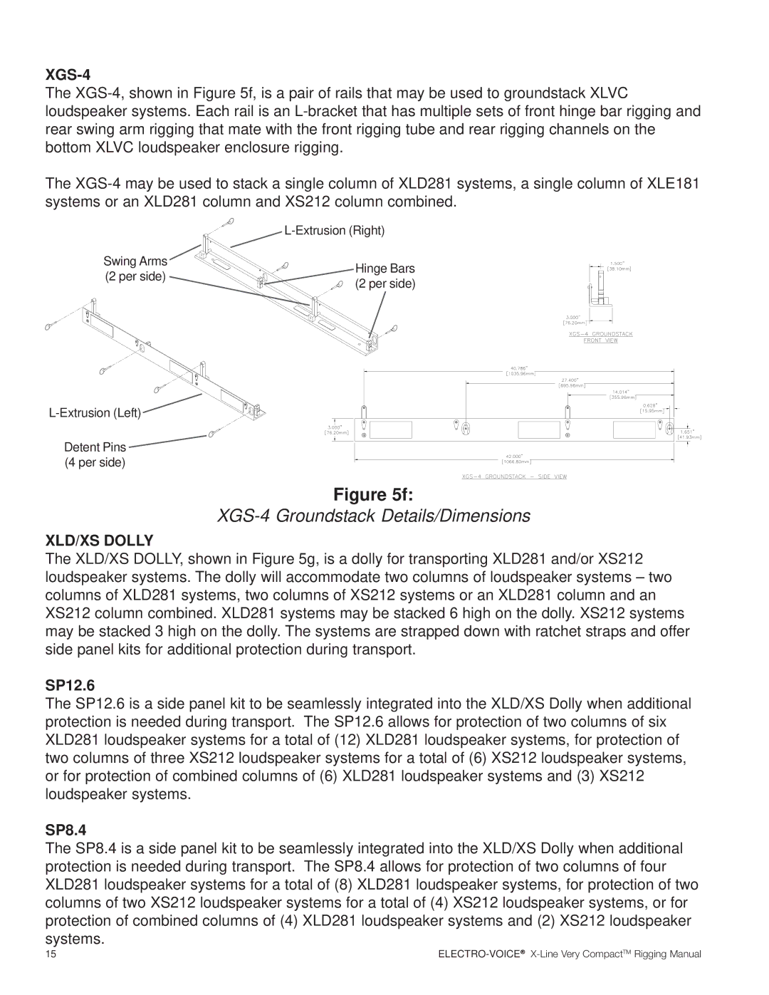 Electro-Voice X-Line Very Compact (XLVC) manual XGS-4 Groundstack Details/Dimensions, SP12.6, SP8.4 