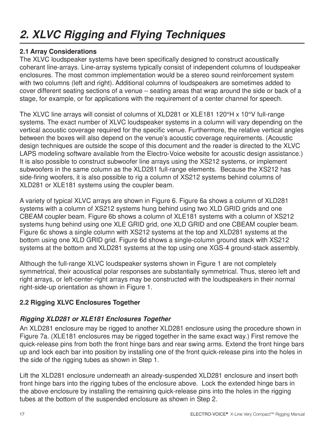Electro-Voice X-Line Very Compact (XLVC) manual Xlvc Rigging and Flying Techniques, Array Considerations 