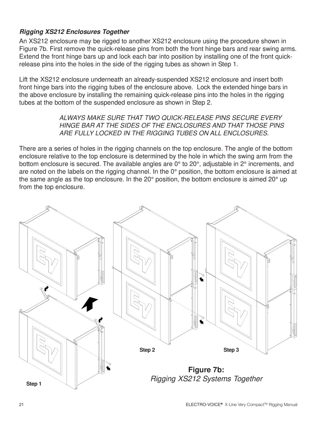 Electro-Voice X-Line Very Compact (XLVC) manual Rigging XS212 Systems Together, Rigging XS212 Enclosures Together 