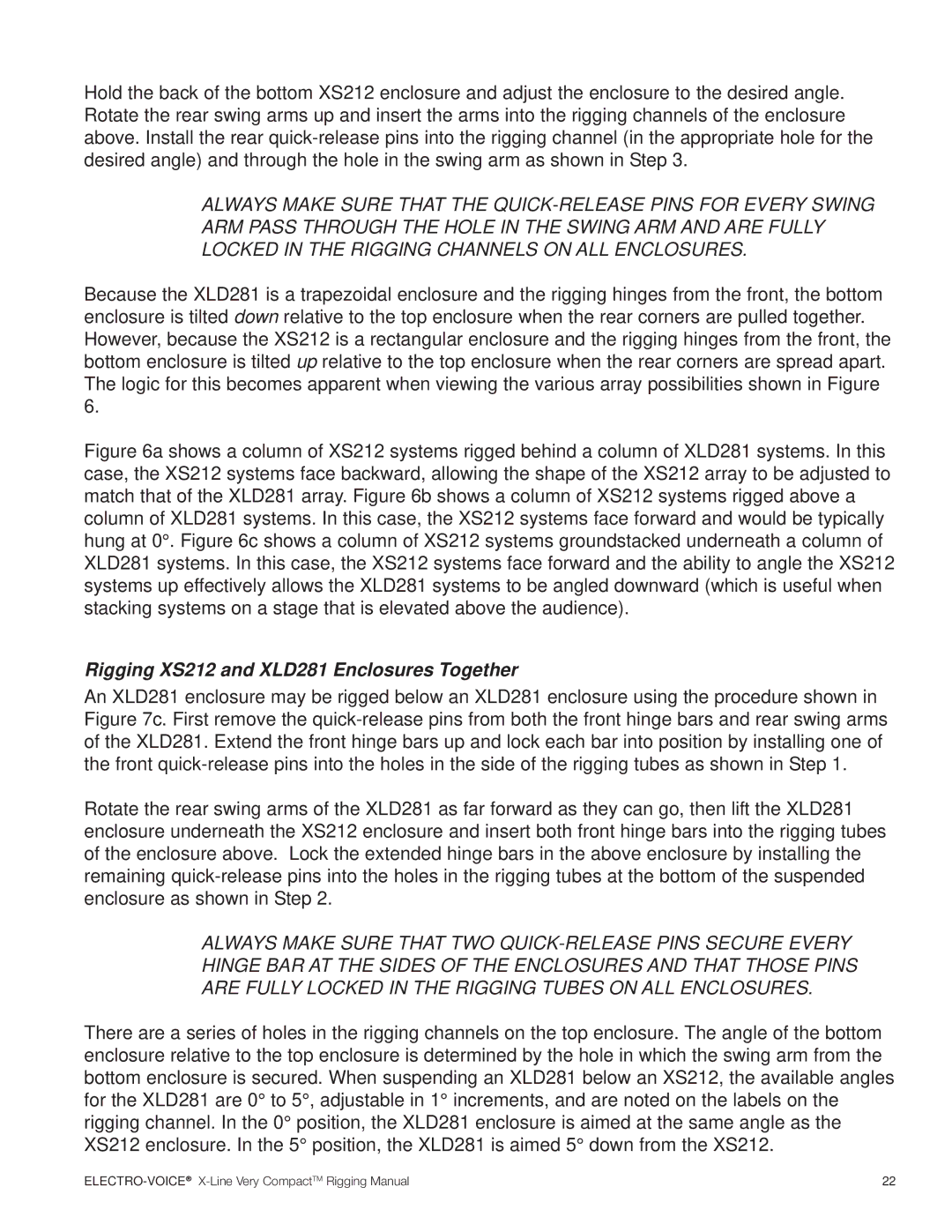Electro-Voice X-Line Very Compact (XLVC) manual Rigging XS212 and XLD281 Enclosures Together 