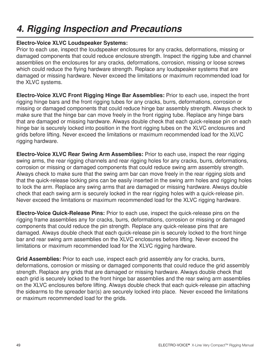 Electro-Voice X-Line Very Compact (XLVC) manual Rigging Inspection and Precautions, Electro-Voice Xlvc Loudspeaker Systems 