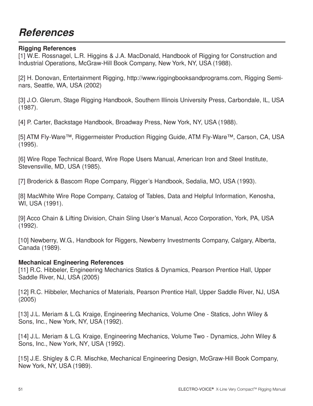 Electro-Voice X-Line Very Compact (XLVC) manual Rigging References, Mechanical Engineering References 