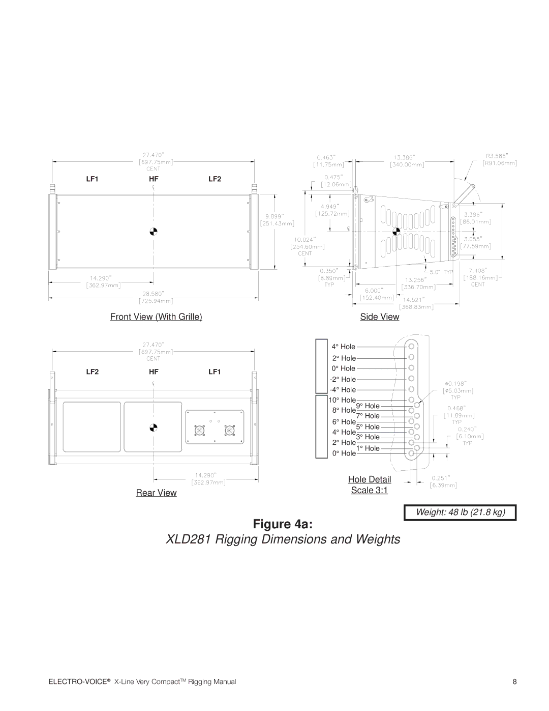 Electro-Voice X-Line Very Compact (XLVC) manual XLD281 Rigging Dimensions and Weights, Weight 48 lb 21.8 kg 