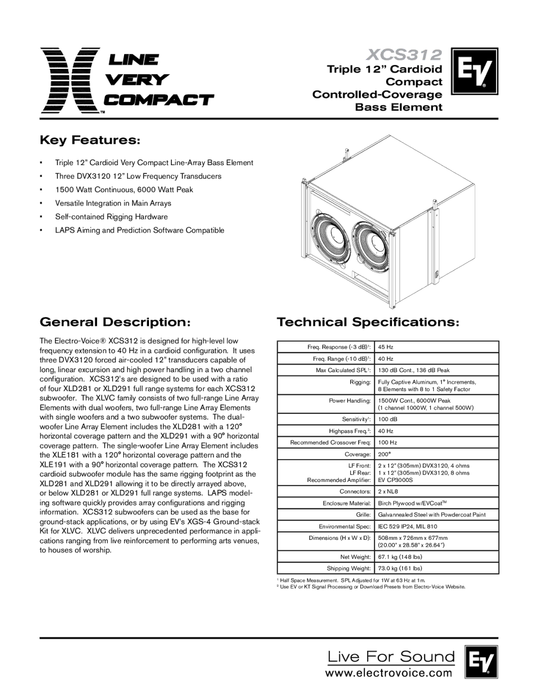 Electro-Voice XCS312 technical specifications Key Features, General Description, Technical Specifications 