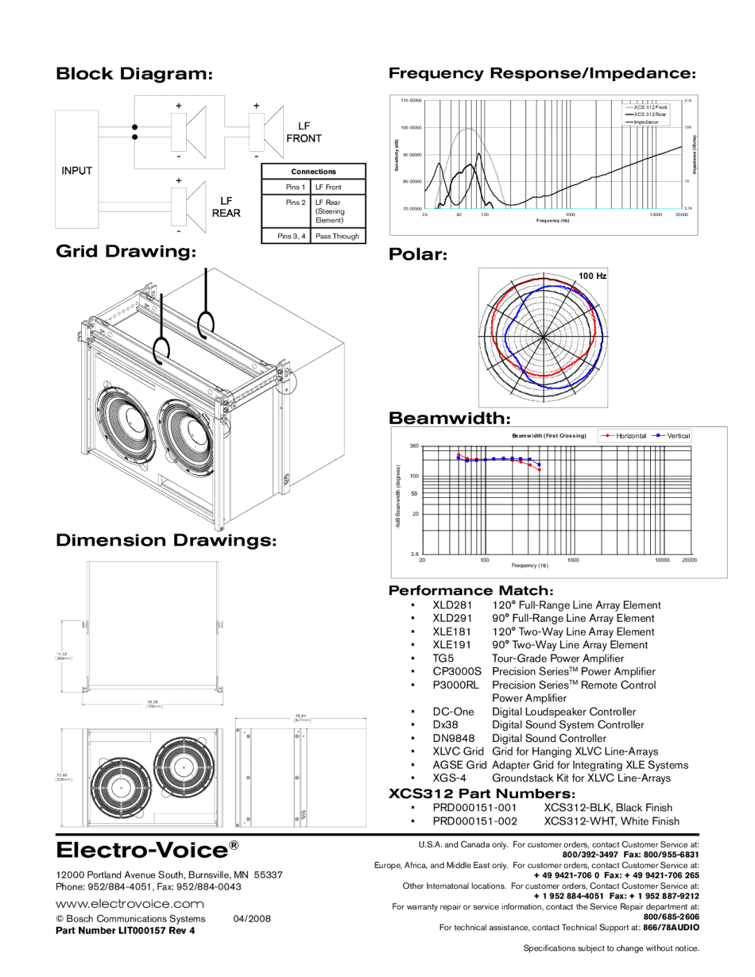 Electro-Voice XCS312 technical specifications Block Diagram, Grid Drawing, Polar, Dimension Drawings Beamwidth 