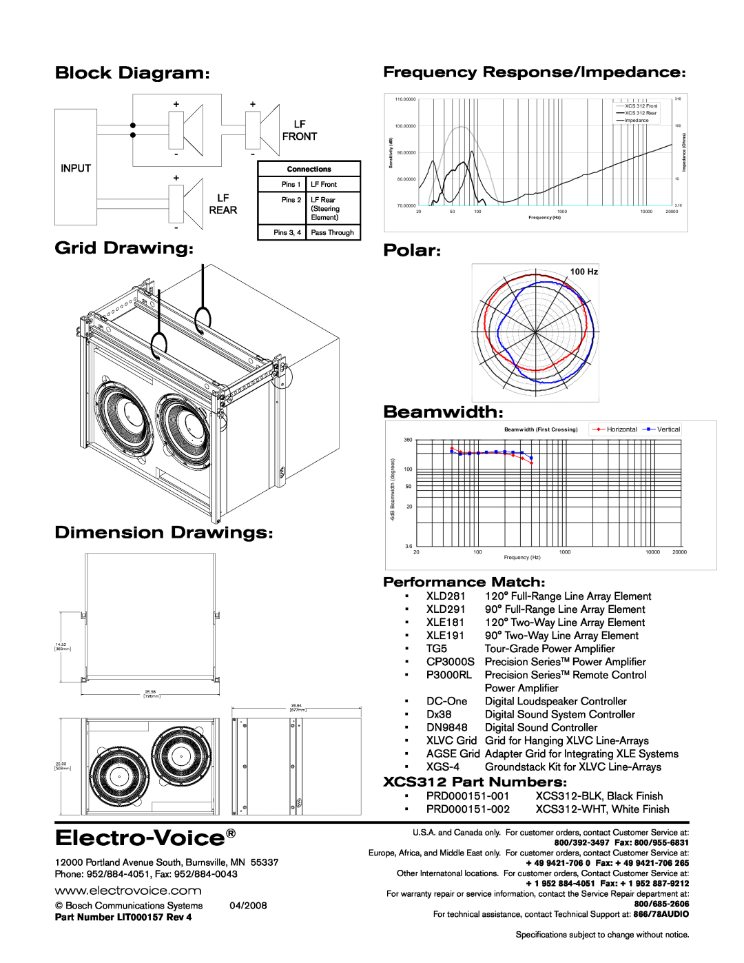 Electro-Voice XCS312 Block Diagram, Grid Drawing, Polar, Dimension Drawings, Beamwidth, Frequency Response/Impedance 
