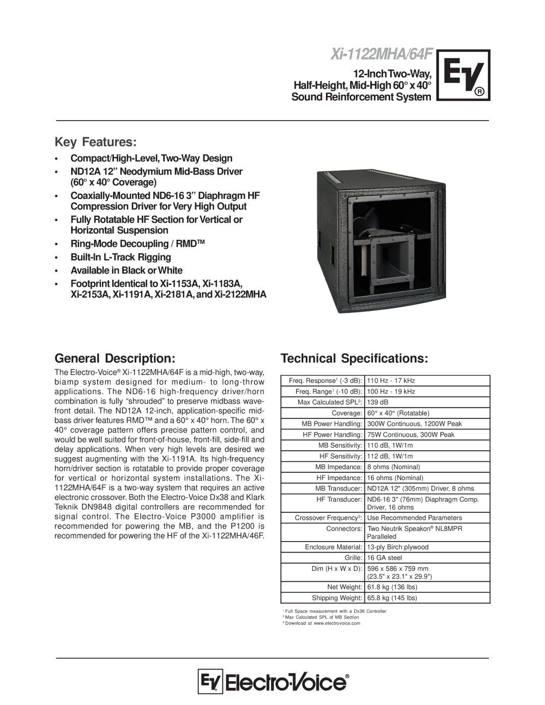 Electro-Voice XI-1122MHA/64F technical specifications Xi-1122MHA/64F, General Description, Technical Specifications 