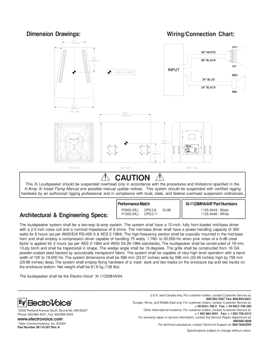 Electro-Voice XI-1122MHA/64F technical specifications Architectural & Engineering Specs 