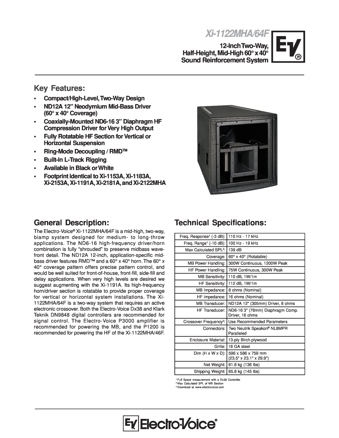 Electro-Voice XI-1122MHA/64F technical specifications Xi-1122MHA/64F, General Description, Technical Specifications 