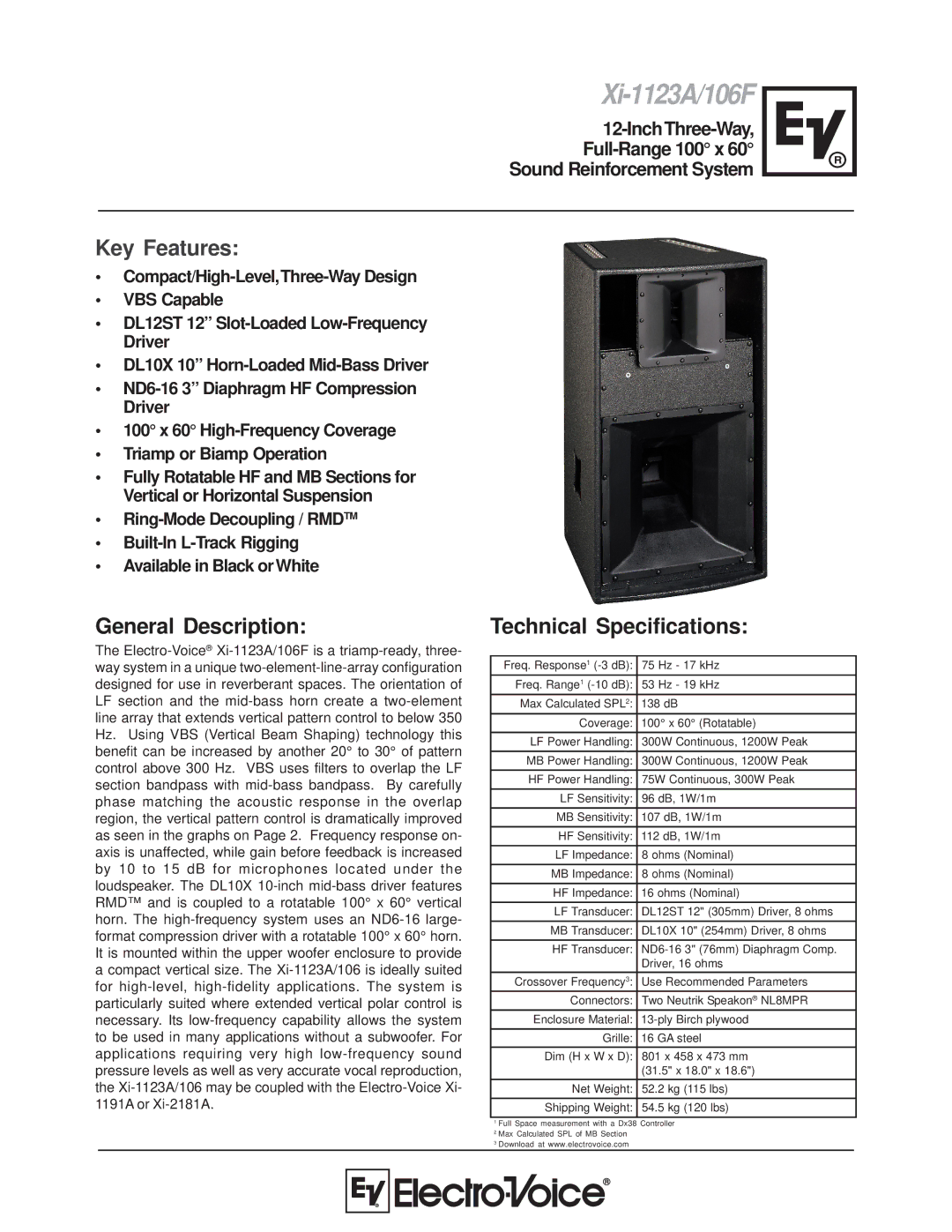 Electro-Voice Xi-1123A/106F technical specifications General Description, Technical Specifications 