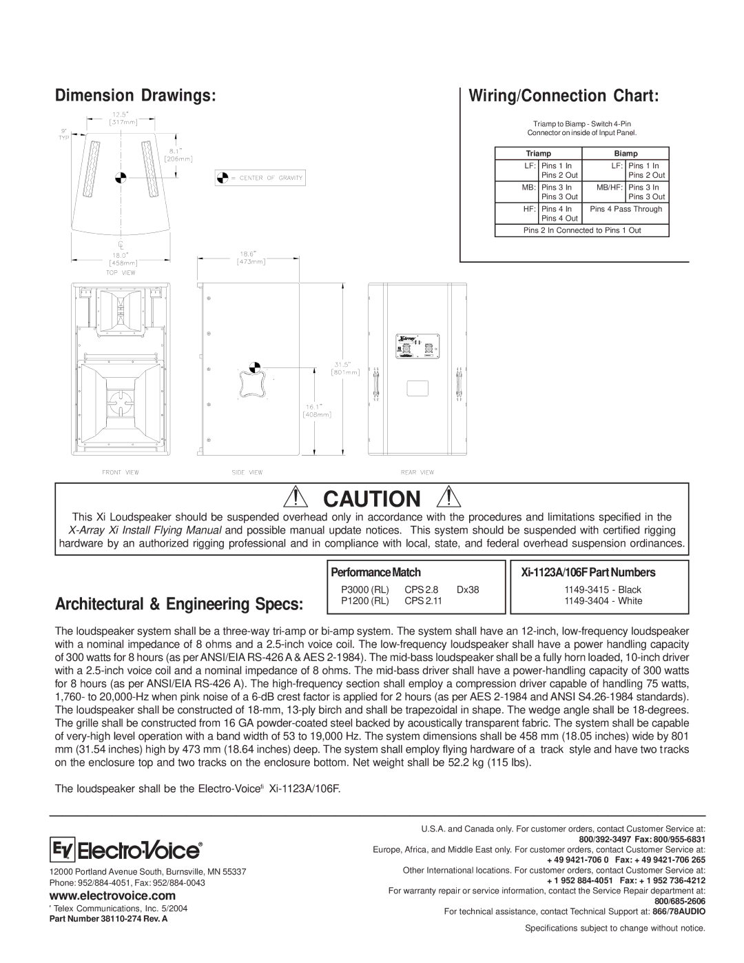 Electro-Voice Xi-1123A/106F technical specifications Dimension Drawings Wiring/Connection Chart, Triamp Biamp 