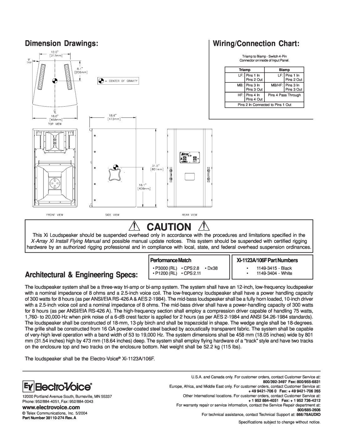 Electro-Voice Xi-1123A/106F Dimension Drawings, Wiring/Connection Chart, Architectural & Engineering Specs 