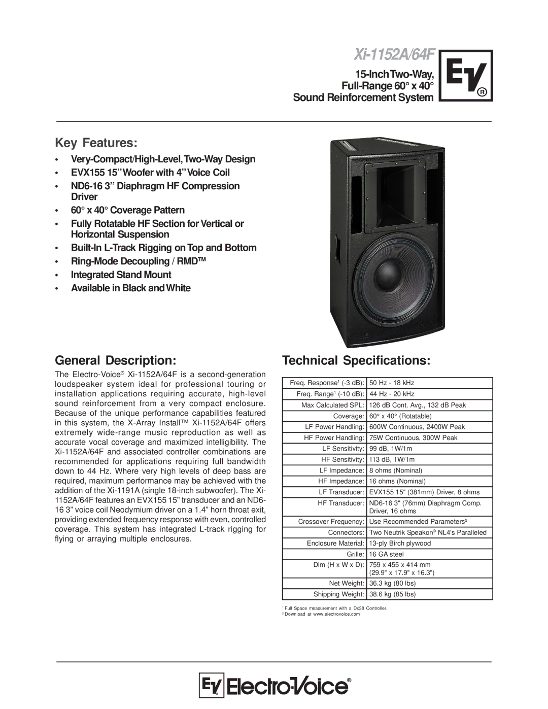 Electro-Voice XI-1152A/64F technical specifications Xi-1152A/64F, General Description, Technical Specifications 