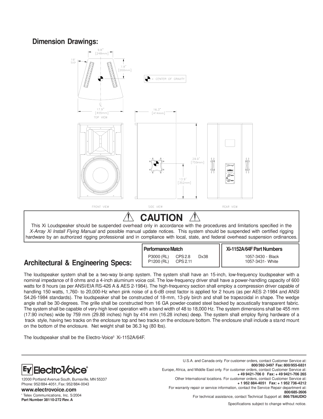 Electro-Voice XI-1152A/64F technical specifications Dimension Drawings, Architectural & Engineering Specs 