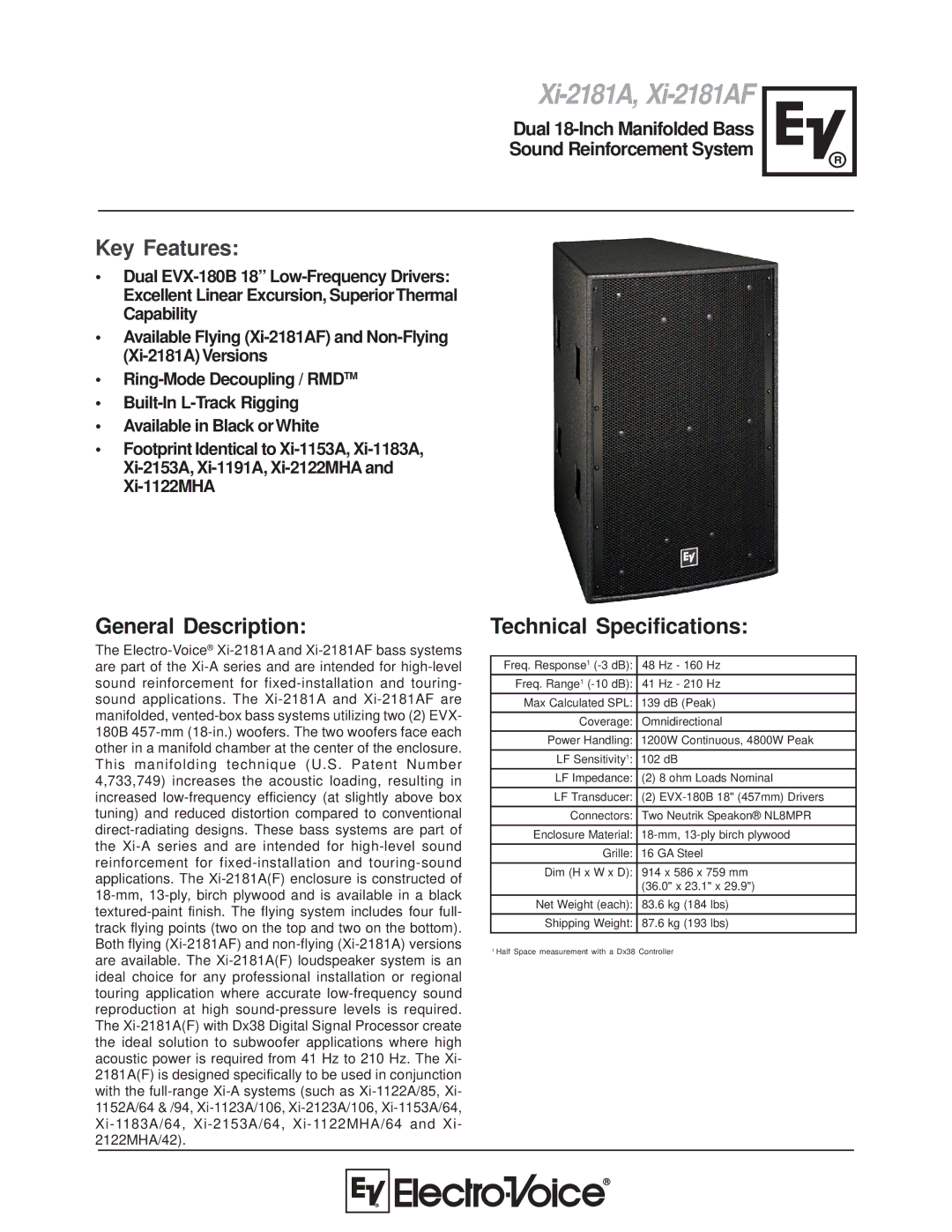 Electro-Voice XI-2181AF technical specifications Xi-2181A, Xi-2181AF, Key Features, General Description 