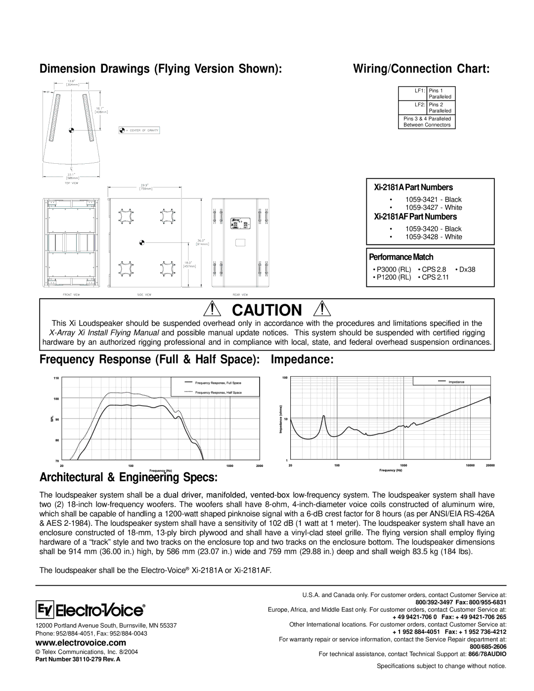 Electro-Voice XI-2181AF Dimension Drawings Flying Version Shown, Wiring/Connection Chart, Xi-2181A Part Numbers 