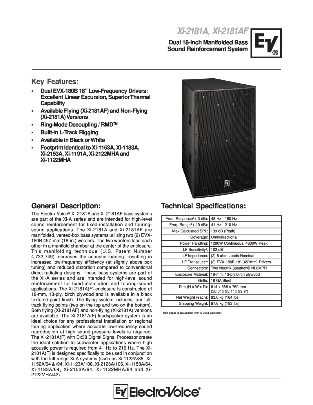 Electro-Voice XI-2181A technical specifications General Description, Technical Specifications, Xi-2181A, Xi-2181AF 