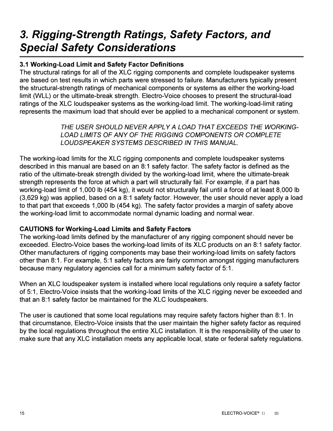 Electro-Voice XLC manual Working-Load Limit and Safety Factor Definitions 