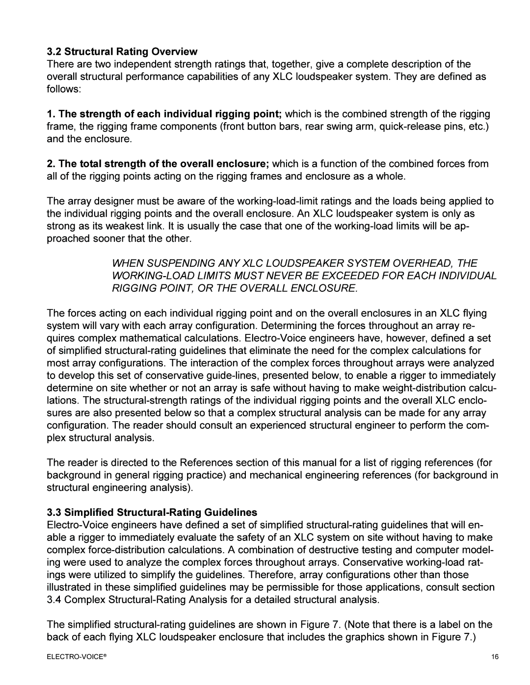 Electro-Voice XLC manual Structural Rating Overview, Simplified Structural-Rating Guidelines 