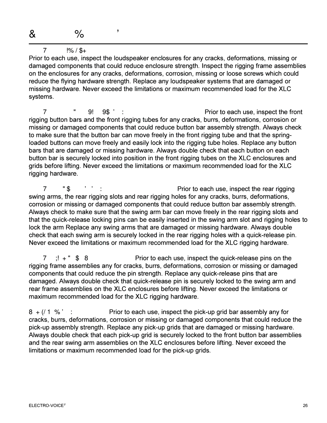 Electro-Voice manual Rigging Inspection and Precautions, Electro-Voice XLC Loudspeaker Systems 