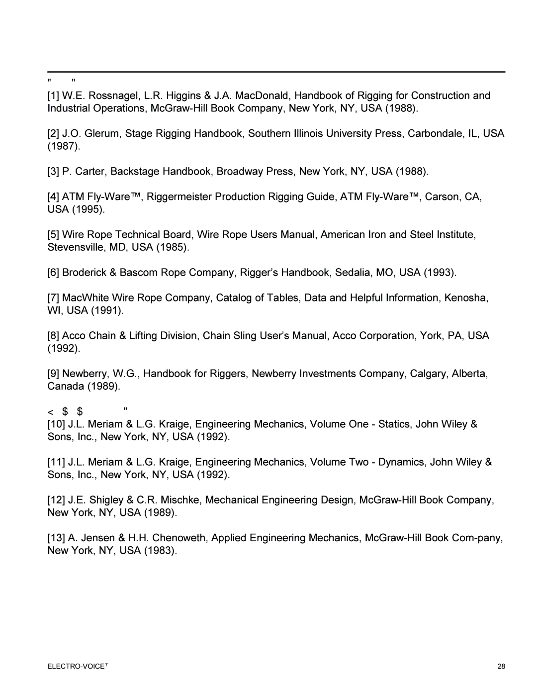 Electro-Voice XLC manual Rigging References, Mechanical Engineering References 