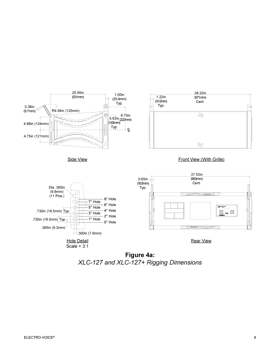 Electro-Voice manual XLC-127 and XLC-127+ Rigging Dimensions 