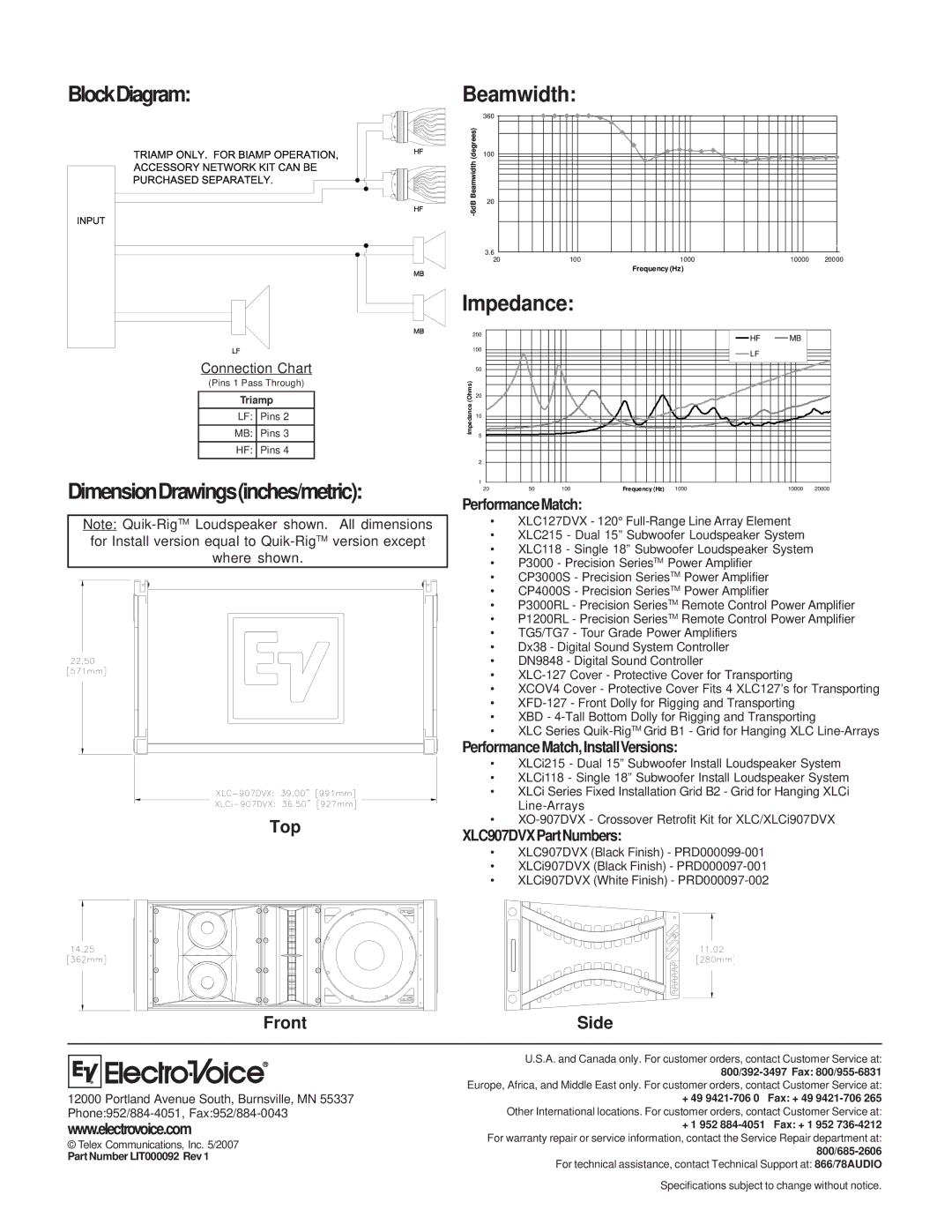 Electro-Voice XLC215, XLC118 technical specifications BlockDiagram Beamwidth, Impedance, Top, Front 