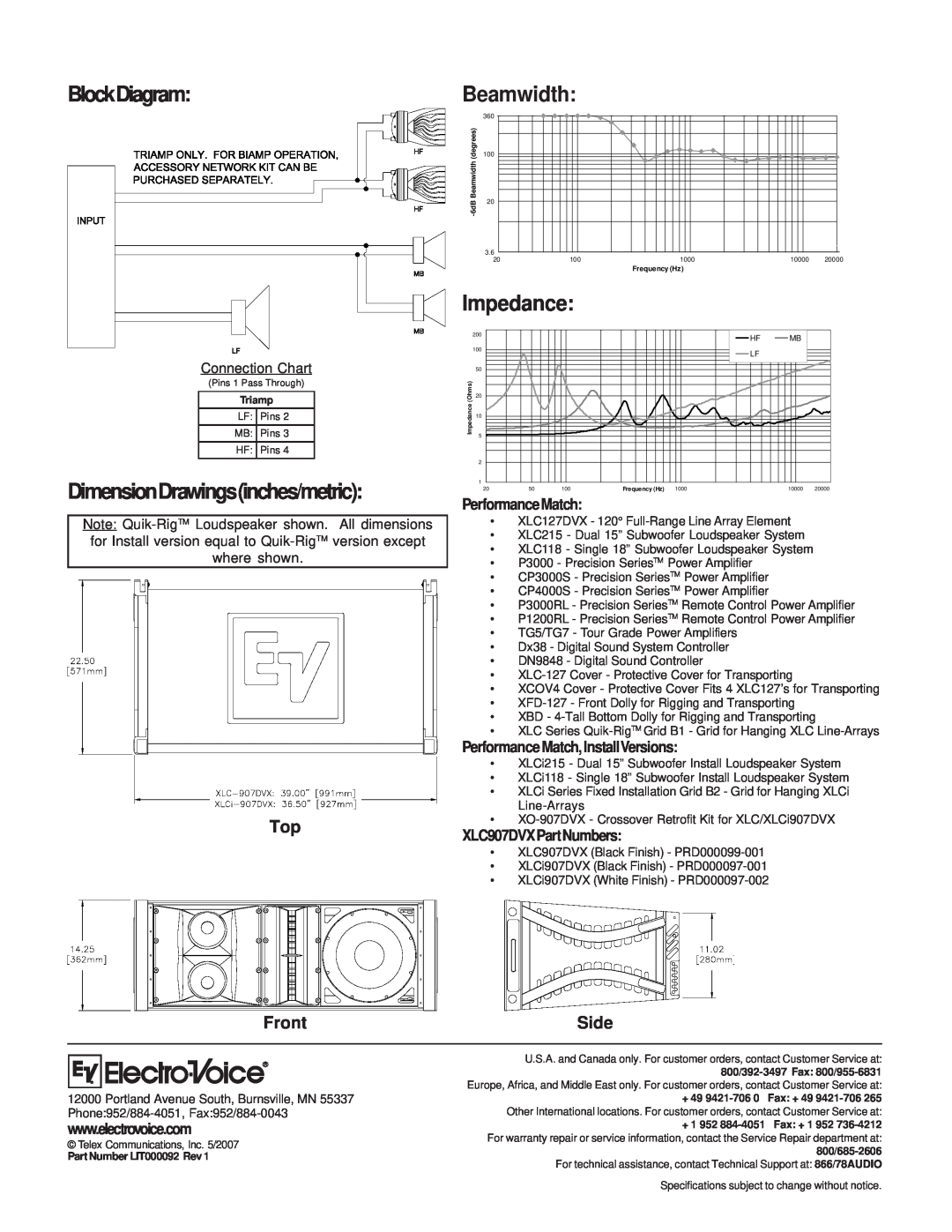 Electro-Voice XLC215 BlockDiagram, Beamwidth, Impedance, Front, DimensionDrawingsinches/metric, Side, Performance Match 