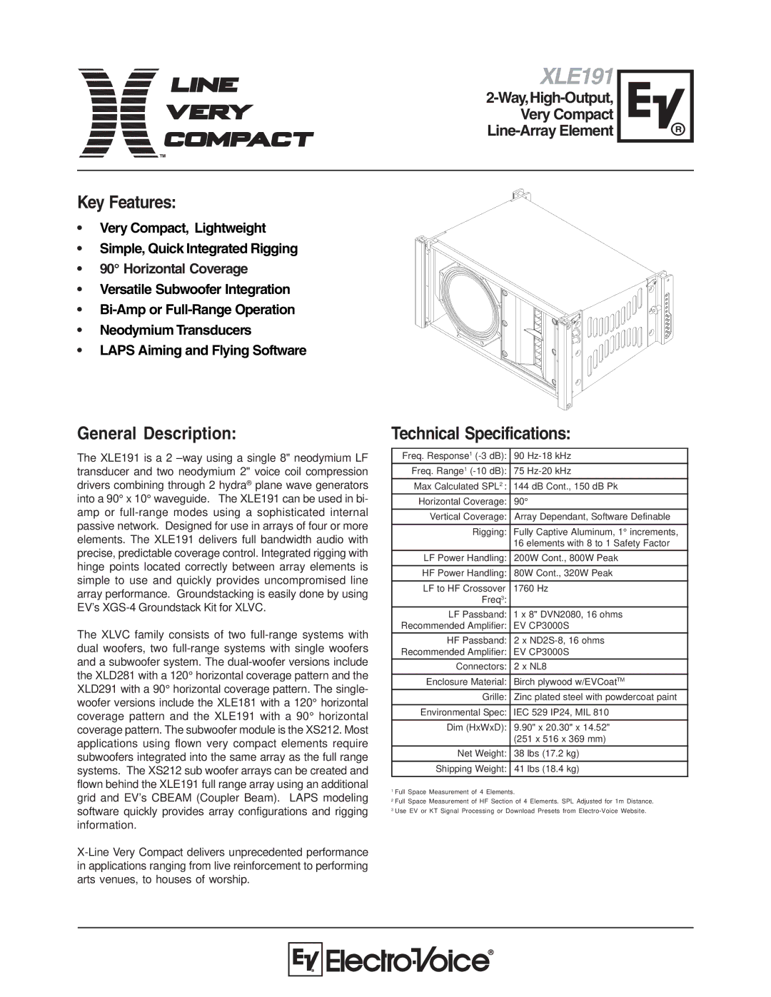 Electro-Voice XLE191 technical specifications Key Features, General Description, Technical Specifications 
