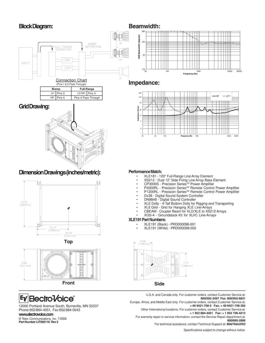 Electro-Voice XLE191 BlockDiagram, GridDrawing Beamwidth, DimensionDrawingsinches/metric, Part Number LIT000116 Rev 