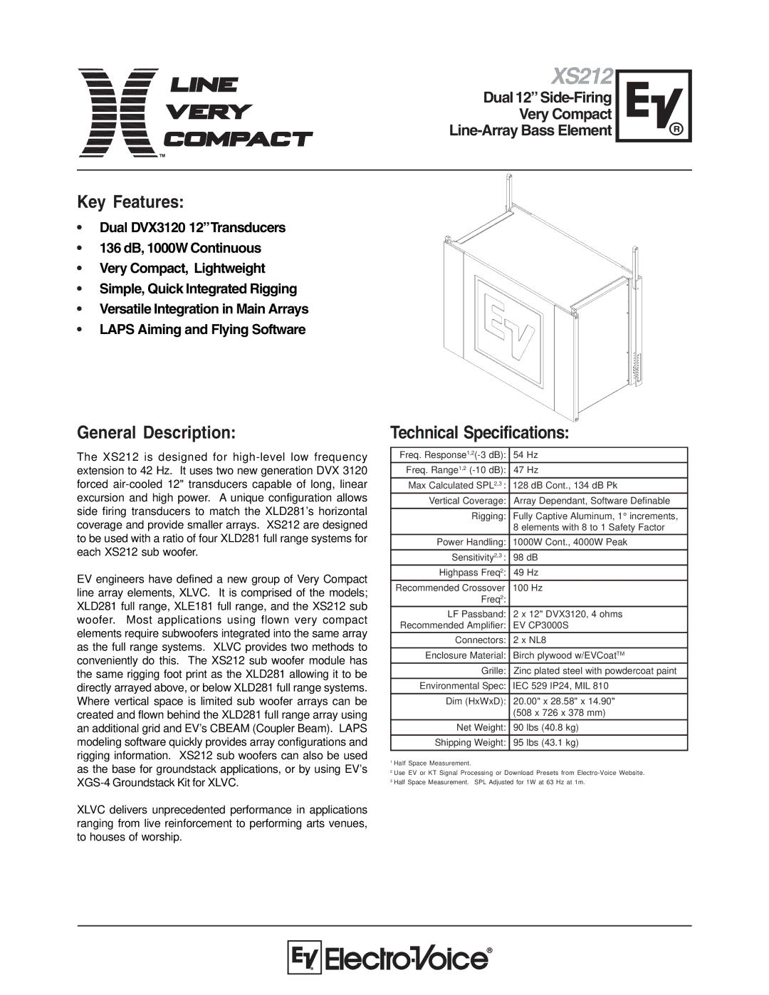 Electro-Voice XS212 technical specifications Key Features, General Description, Technical Specifications 