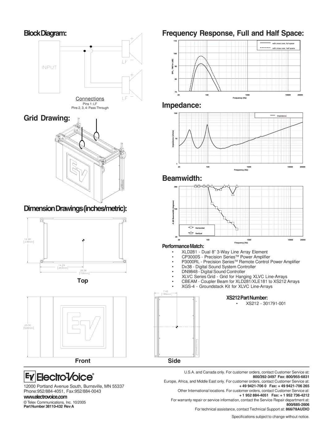 Electro-Voice XS212 technical specifications BlockDiagram, Grid Drawing, DimensionDrawingsinches/metric, Top, Front 