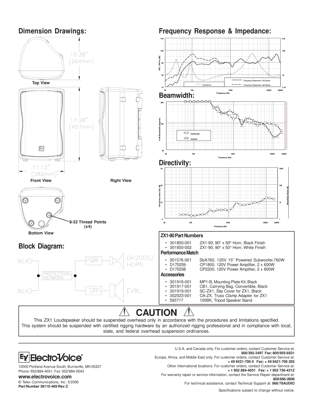 Electro-Voice Dimension Drawings, Block Diagram, ZX1-90 Part Numbers, PerformanceMatch, Accessories 