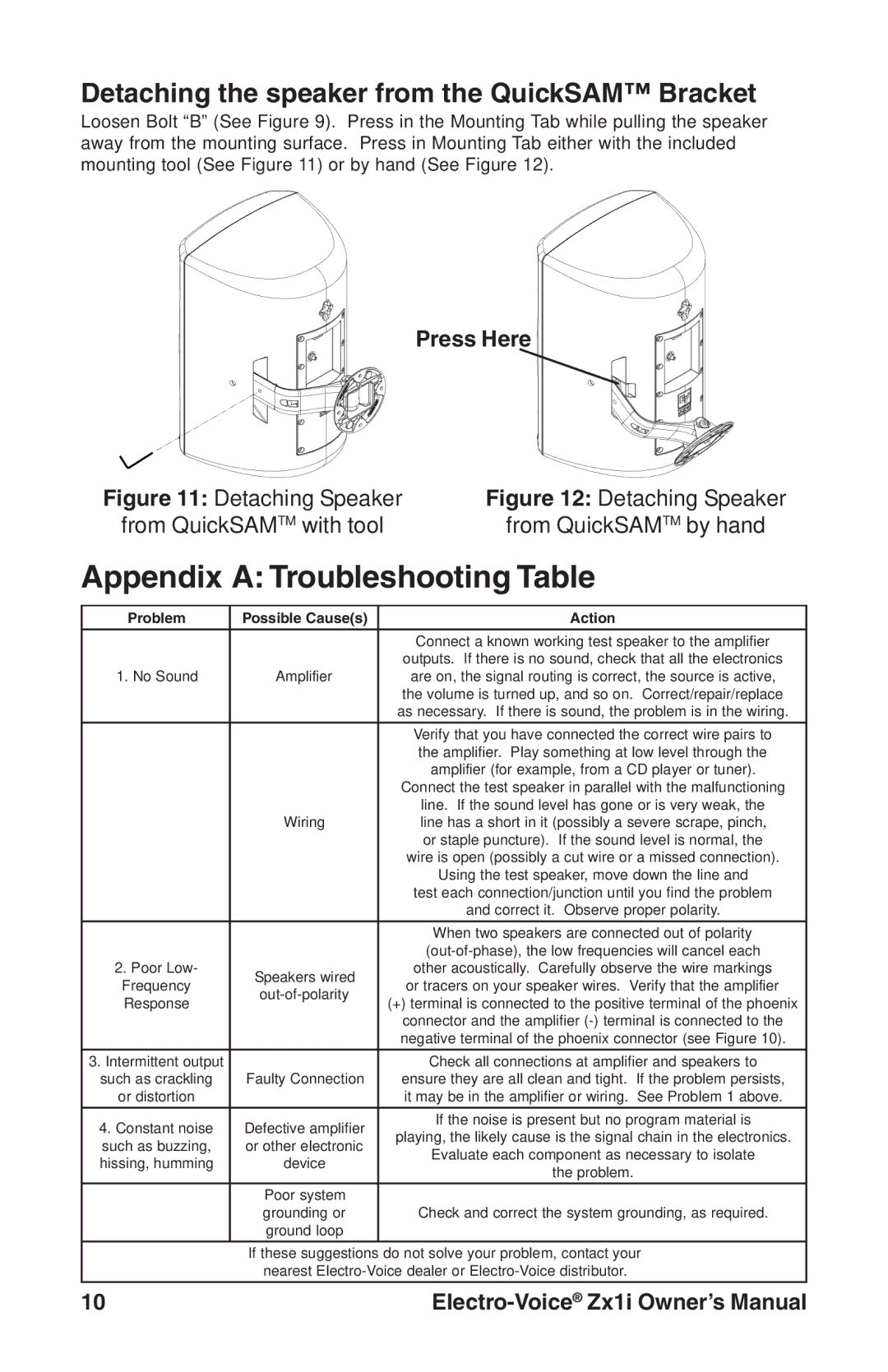 Electro-Voice Zx1i-100T, Zx1i-90 owner manual Detaching the speaker from the QuickSAM Bracket, Press Here 